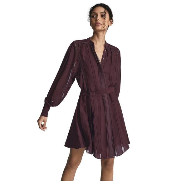 Reiss HARRIET LACE TRIM MINI DRESS burgundy size 12 NWT missing belt